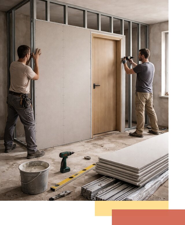 Перегородка из гипсокартона с дверью под ключ в Назарово