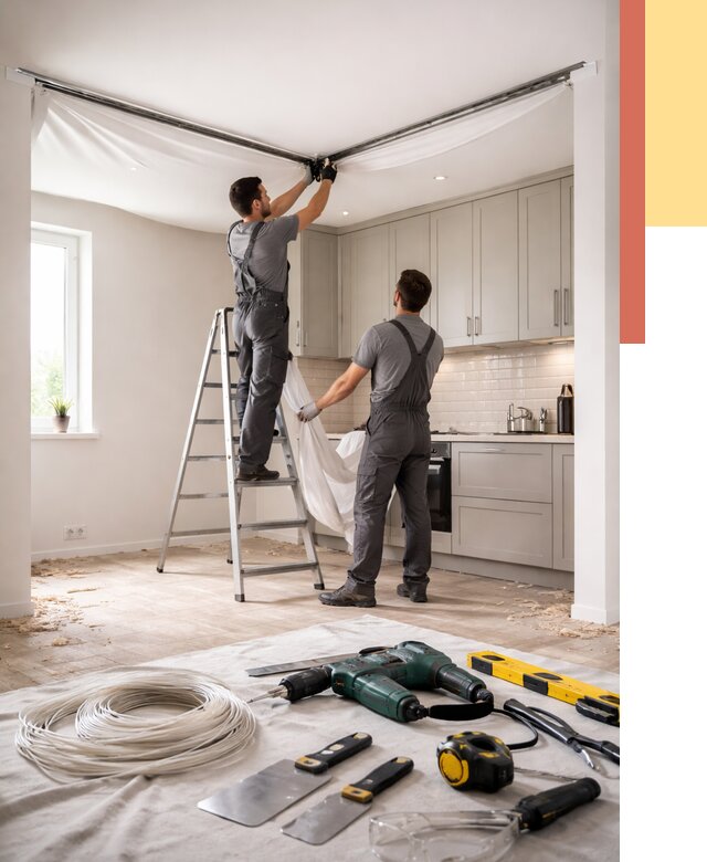 Установка натяжного потолка на кухне в Назарово от 2467 руб. | ОТДЕЛОЧНИК-Нрв