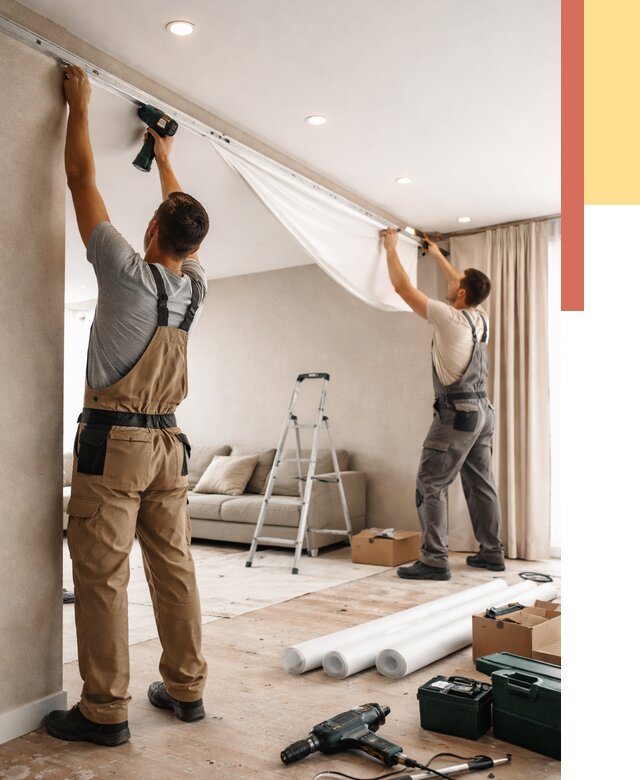 Монтаж натяжного потолка в гостиной в Назарово от 565 руб. | ОТДЕЛОЧНИК-Нрв