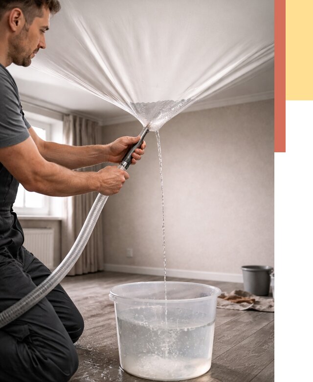 Слив воды с натяжного потолка в Назарово от 2570 руб. быстро и недорого | ОТДЕЛОЧНИК-Нрв