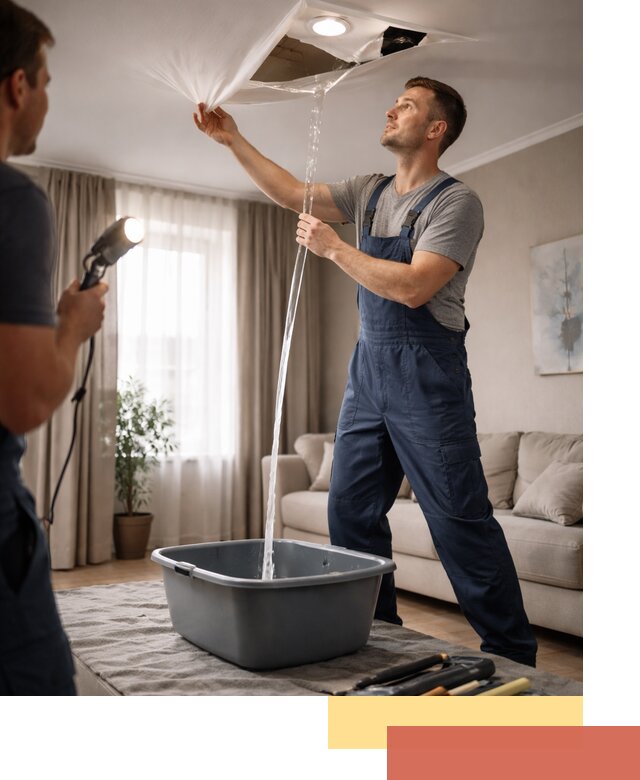 Слив воды с натяжного потолка в Назарово быстро и аккуратно