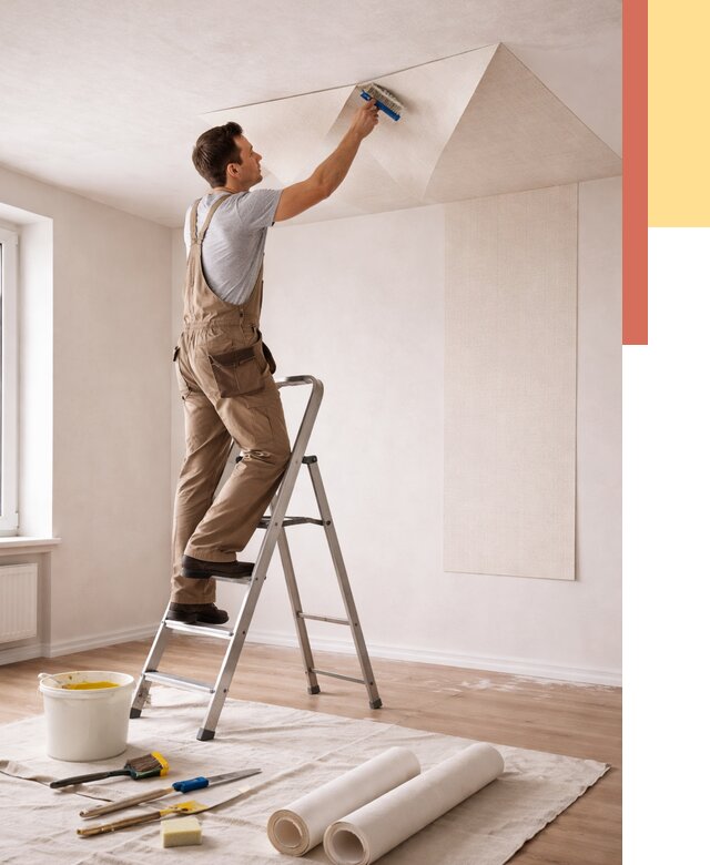 Поклейка обоев на потолок в Назарово от 4625 руб. быстро и недорого | ОТДЕЛОЧНИК-Нрв